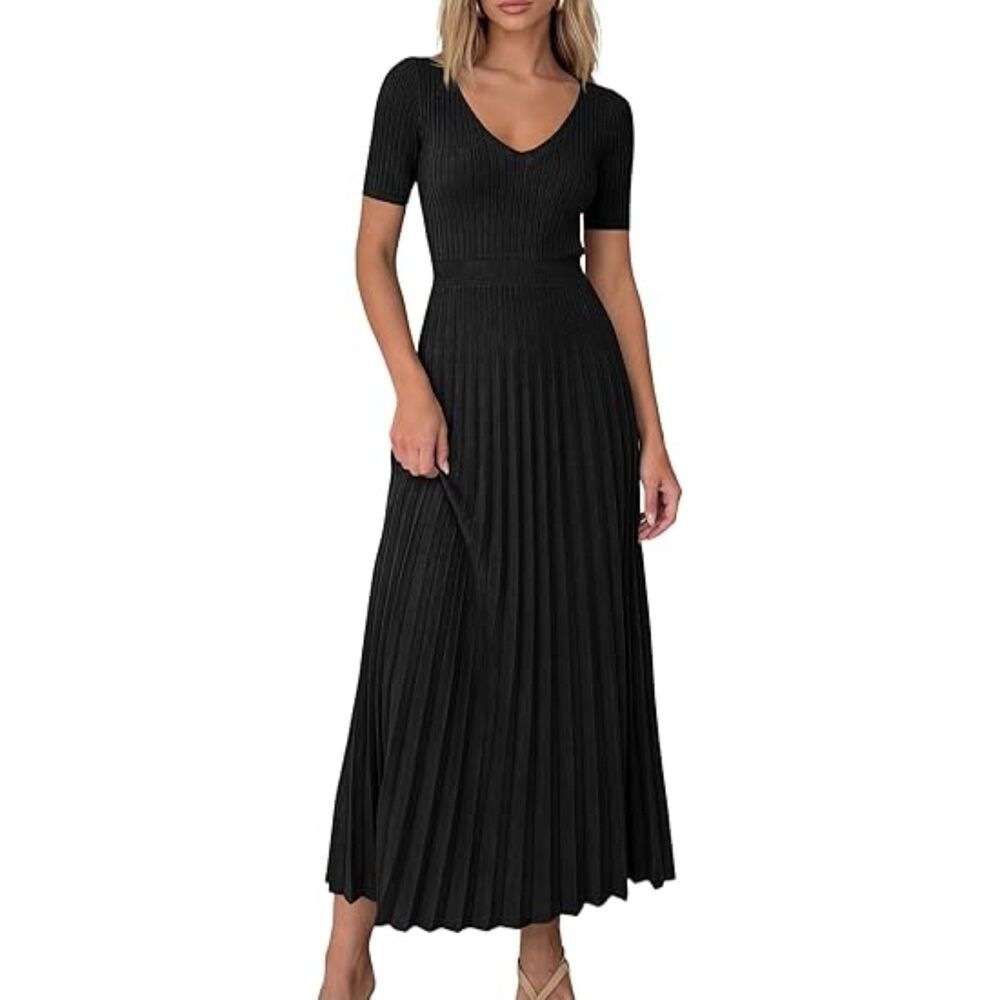 Women's Black Viscose V Neck Short Sleeve A Line Summer Casual Midi Dress